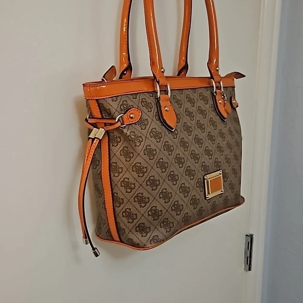 VTG GUESS 1990s Brown Orange Trim Logo Monogram Tote Bag